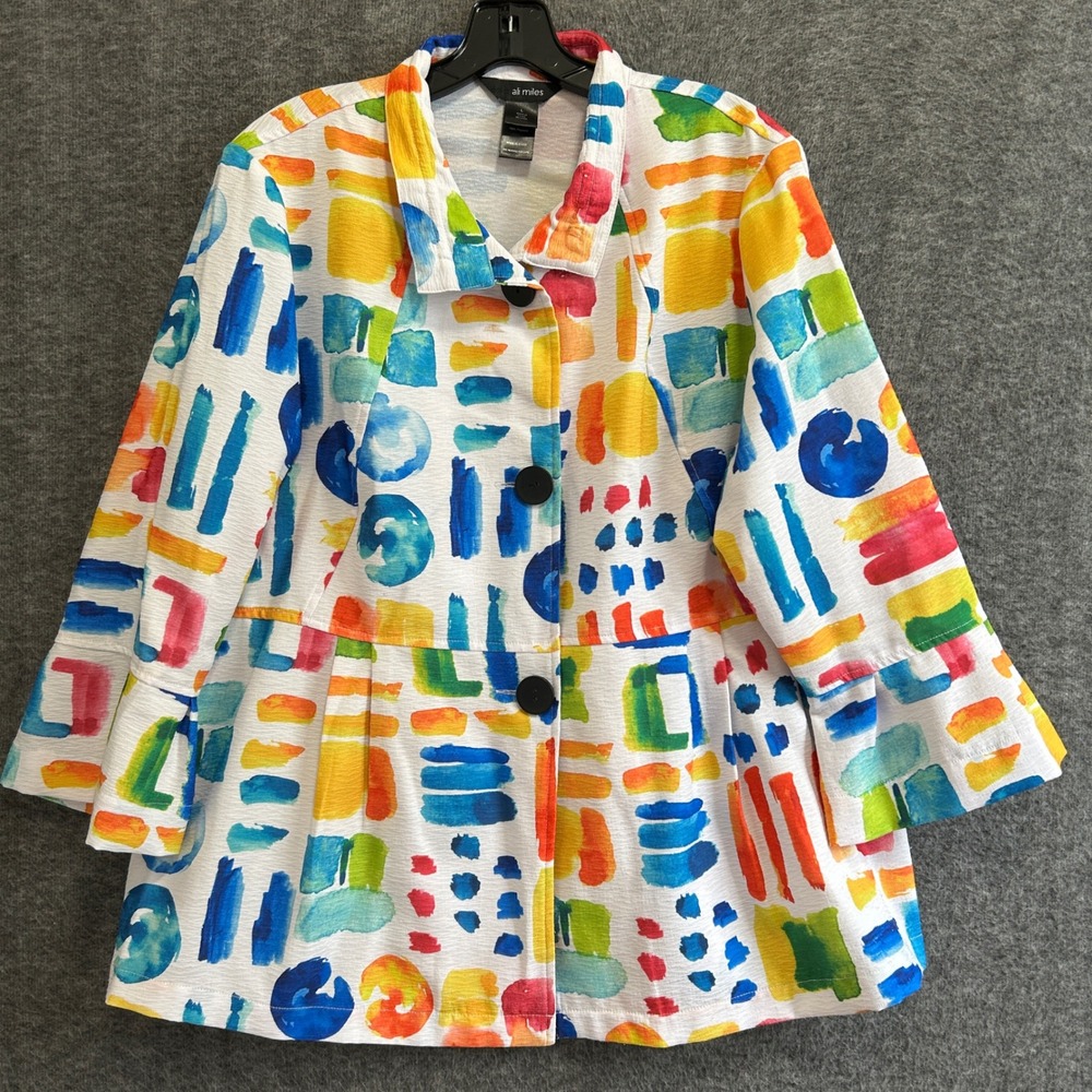 Ali Miles Button Up Jacket Womens L Abstract Art To Wear Peplum Statement Top